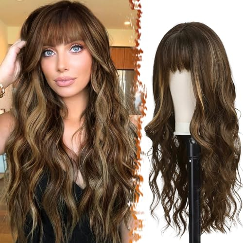 BARSDAR Lange Gewellte Highlight Perücke mit Pony, 66cm Lange Gewellt Rot Perücke mit Pony für Frauen Synthetische Balayage Haar Perücken Natürliches Aussehen Täglich Cosplay Party - Braun Mix Blond