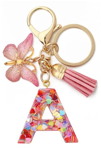 HANGSU Porte-clés pour fille avec cœur à paillettes et lettre initiale avec pampilles et pendentif papillon, A#, length 10.5cm