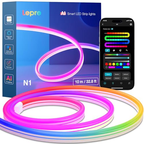 Lepro N1 AI Smart Neon Rope Light 10M RGB+IC, Works with Alexa & Google Assistant, Music Sync LED Lights for Bedroom, App Voice Control, Personalized AI Lighting Designer, IP65 Waterproof, No Remote