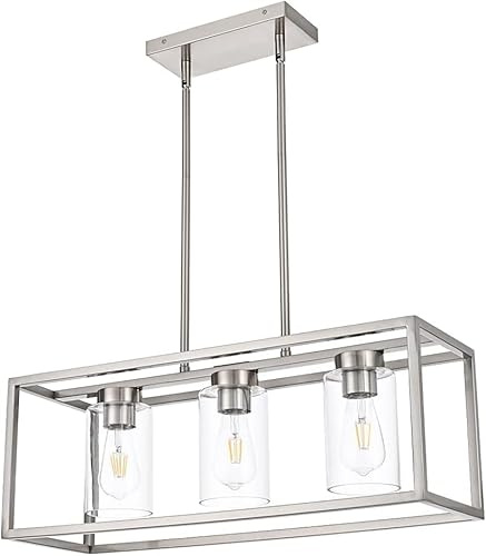 A1A9 Bauernhaus-Kronleuchter für Kücheninsel, gebürstetem Nickel Esszimmer Beleuchtung, moderne rechteckige Pendelleuchten Kronleuchter mit klarem Glas Schatten (Nickel, 3-Licht)
