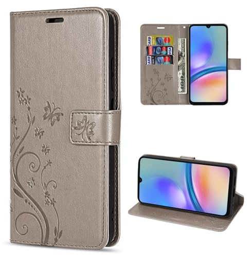 Hülle Kompatibel mit Samsung Galaxy A05s | Premium PU Leder Handyhülle Wallet Case für Galaxy A05s | Schutzhülle Blumen Klapphülle Handyhülle | Grau