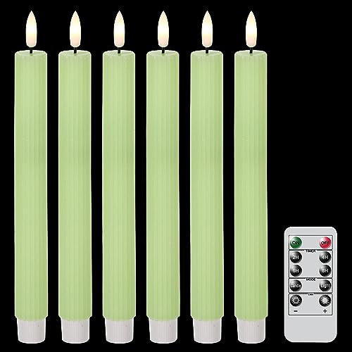 Eldnacele Christmas Green LED Taper Candles with Remote Timer, 6 Pcs Battery Operated Real Wax Flameless Tapers Candles for Home Decorations