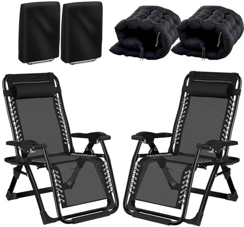 Fiutazge 2Pcs 83cm Ultra-Large chaises Longues de Jardin,Ultra Large Bain de Soleil avec Coussin, Porte-gobelet et Repose-tête, Dossier réglable, Respirantes, pour Piscine,Jardin,Terrasse, Noir