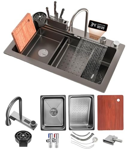 KOOGIMDDR 75x45cm Lavello in Acciao Inox da Appoggio Nanorivestito, Lavello da Cascata Nero, lavello da Cucina Multifunzione, con Rubinetto Estraibile, Dispenser di Sapone