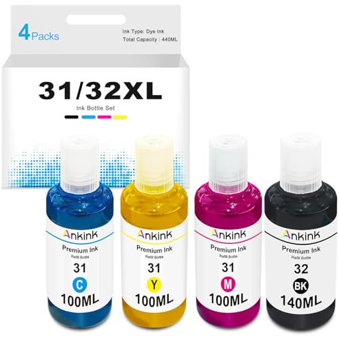 Ankink 31 32XL Compatible Ink Refill Bottle Set Replacement for HP Smart Tank 5000 5101 6001 7301 7602,Plus 651 551 555 450 455 457 Printer,4 Pack(140ML 32 XL Black,100ML 31 Cyan Magenta Yellow)