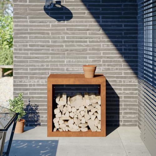 Sufrk Holzregal 60 x 40 x 60 cm aus Cortenstahl, Holzregal für den Außenbereich für Brennholz, robuster Holzstapler, Regal für Brennholz