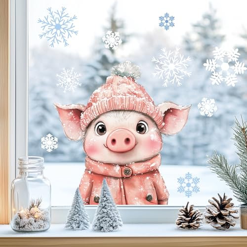 Sunnywall Fensterbilder Winter für Kinder Tiermotive in Winterszene als statisch haftende Fenstersticker, WIEDERVERWENDBAR (Schweinchen, A4 Bogen)