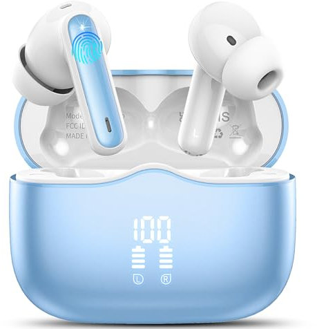 Bluetooth Kopfhörer, Kopfhörer Kabellos Bluetooth 5.3 In Ear Kopfhörer mit 4 ENC Noise Cancelling Mic, Kabellose Kopfhörer Tiefer Bass Wireless Earbuds 40Std, IP7 Wasserdicht Ohrhörer, Hellblau