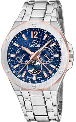JAGUAR Swiss Made Herrenuhr Fase Lunar aus Edelstahl 316L | Analog, Quarzuhr, Widerstandsfähiges Glas, Wasserdicht 10 ATM, J1039/2 Diplomatic, Swiss Made