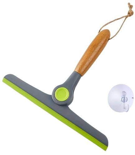 Multi-Purpose Silicon Squeegee, Rotating Blade Silicon Squeegee with Wooden Handle, Silicone Scraper Cleaner Tool Heavy Duty Window Scrubber for Glass Shower Door Windshield Mirror, 10 inch