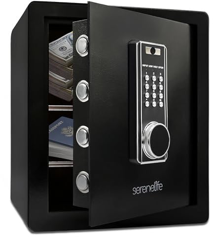 SereneLife Tresor 39L Elekr. Safe mit Zahlenschloss und Schlüssel, Stahlkonstruktion mit Alarmfunktion für Dokumente Schmuck Bargeld, Zuhause Büro 38x32x45 cm (B x T x H), Schwarz