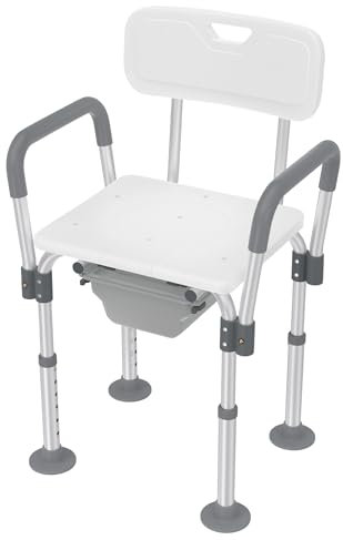 FIVMEN Toilettenstuhl Duschhocker Höhenverstellbar 2 in 1 Duschstuhl Badhocker Nachtstuhl mit Eimer, Armlehne und Rückenlehne WC-Stuhl für Erwachsene Senioren