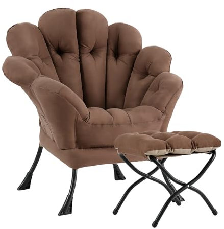 SESHINELL Blütenförmiger Relaxsessel mit Hocker, Loungesessel mit Metallrahmen, Lesesessel für Wohnzimmer, Schlafzimmer, Ankleidezimmer, Dunkelbraun