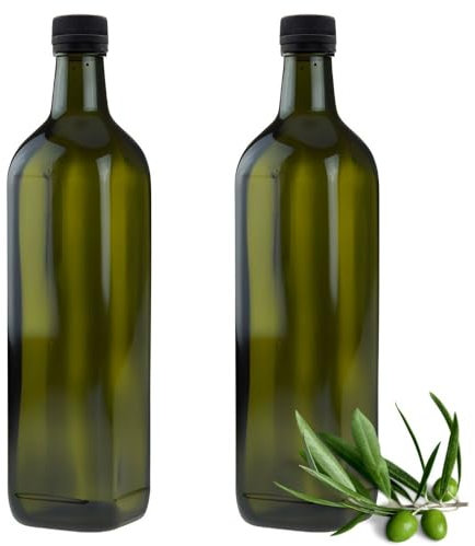 2 x bottiglie di olio da 750 ml con erogatore verde/marrone con dosatore ed etichette