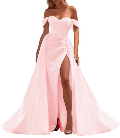 Robes de bal à épaules dénudées avec fente sirène robes de bal plissées robes de cérémonie grande taille, rose, 38