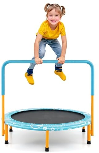LIFEZEAL Trampolino Elastico per Bambini 3-10 Anni, Ø92x81cm, Mini Trampolino per Interno, Salta, Jump, con Maniglia e Gambe Rimovibili, Sicuro, Pieghevole, Telaio in Metallo, Regalo, Max 150kg