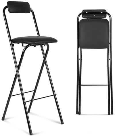 WYmaioyis Barhocker Klappbar mit Lehne, Klappstuhl Gepolsterter Frühstücksstuhl Küchenhocker Schwarz Sitzhöhe 75cm, ohne Montage