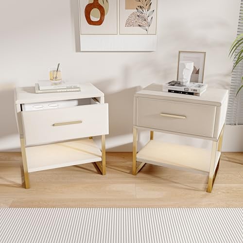 Nachttisch 2er Set,Beistelltisch mit LED-Beleuchtung aus Samt, Nachtschrank mit Schubladen und Ablagefach, Schlichte Nachtkommode,Holz Sofatisch Couchtisch,Kommodeschrank für Schlafzimmer/Wohnzimmer