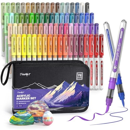 JusArt Acryl-Malmarkierer mit 72 Farben und Leinenbeutel, wasserbasierte Malstifte, die nicht verlaufen, mit automatischer Tintenkontrolle, wasserfeste Pinselmarkierer für