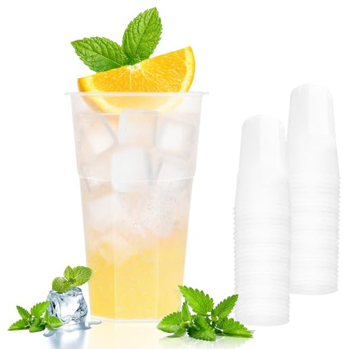 Jiaoshou Pan 50 Stück Plastikbecher 500ml, Wiederverwendbare Trinkbecher, Partybeche für Getränkepartys, Hochzeit und Geburtstag (50 Transparent B)