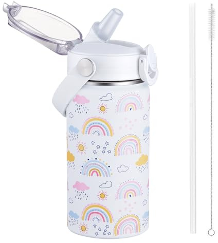 Autsel 420ml Botella De Agua Aislada Para Niños Con Pajita, Botella Agua Acero Inoxidable, Botella Termica Infantil Frías y Calientes Sin BPA
