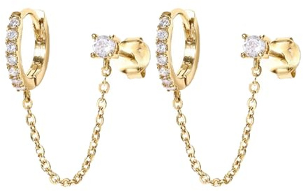 Ohrringe Silber 925 für Damen, 14K Vergoldet Doppel Piercing Ohrstecker Creolen mit Hängender Kette, Hypoallergen Ohrringe Gold mit Zirkonia, Ohrring für Mehrere Ohrlöcher, Modeschmuck Geschenk