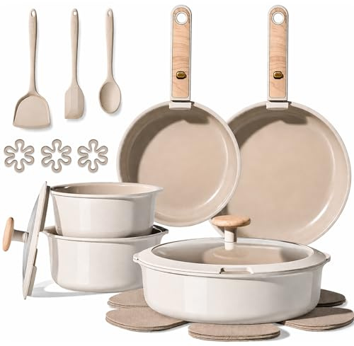 CAROTE 19-Piece Ceramic-Coated Oil-Resistant Cookware Set, Kitchen Utensil Set, Taupe