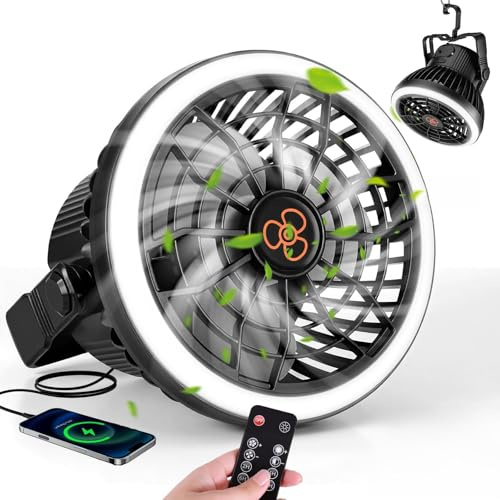 OUZHOU Camping Fan with LED Lantern, 10400mAh Rechargeable Portable Desk Fan with Remote Control & Hanging Hook, Battery Operated Tent Fan 3 Speeds 4 Timers for Camping Bedroom Power Outages