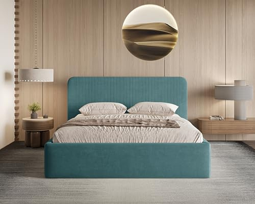 Chilly. Möbel Design Bett Sandy - Polsterbett 200x200 cm mit Bettkasten, Lattenrost und Kopfteil - Eleganter Matt Velvet-Stoffbezug, Blau