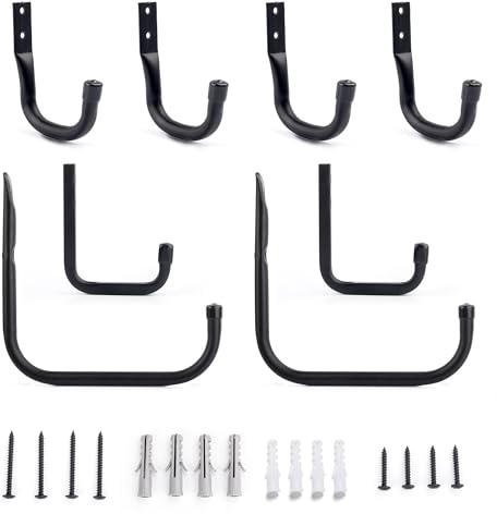 Glamletter Garage Hooks Heavy Duty 8 Pack, Tubular Steel Shed Storage Organiser Hangers, Wall Mounted Tool Hooks for Garden Shovels, Ladders & Hoses, Includes Brick/Wood Screws (All Black)