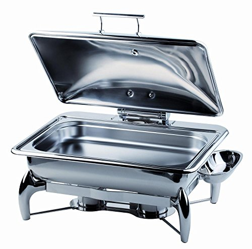 APS 12394 GLOBE GN 1/1 Hochglanzpolierter Edelstahl Chafing Dish für Induktionsplatte mit Rahmen, Wasserbecken, GN 1/1 Behälter, Cuttlery / Ladles Compartment, 2-Plattenhalter, 66, 5 x 44 x 34 cm, 9 ltr, mit Edelstahldeckel