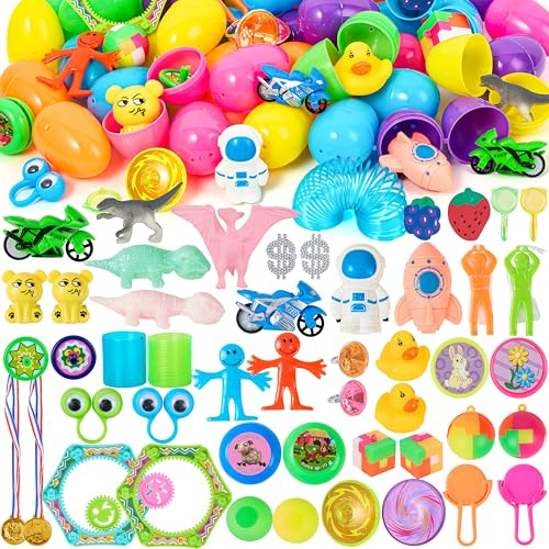 JOYIN 96 Ostereier mit Spielzeug im Inneren, 48 vorgefüllte Ostereier mit beliebten, sortierten Spielzeugen für Kinder, Jungen und Mädchen, Osterparty-Geschenke, Ostereiersuche, Korbfüller