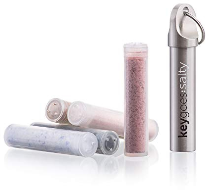Salt Shaker to go Keychain by KEYGOES | Incl. 2 Refills with Different Types of Salt. Refillable.