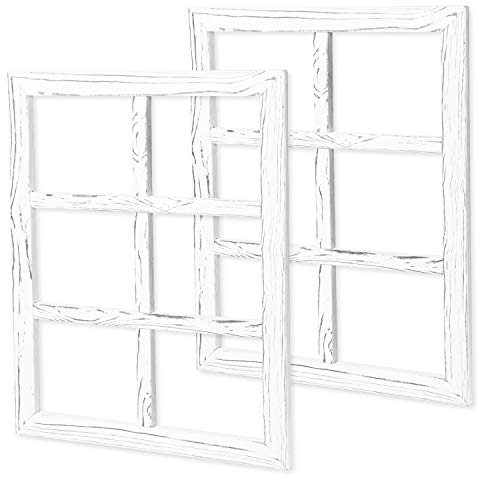 Ilyapa Fensterrahmen, Wanddekoration, 2 Stück, groß, 45,7 x 55,9 cm, verwittertes weißes Holz, 6 Scheiben, Landhaus-Dekorationen