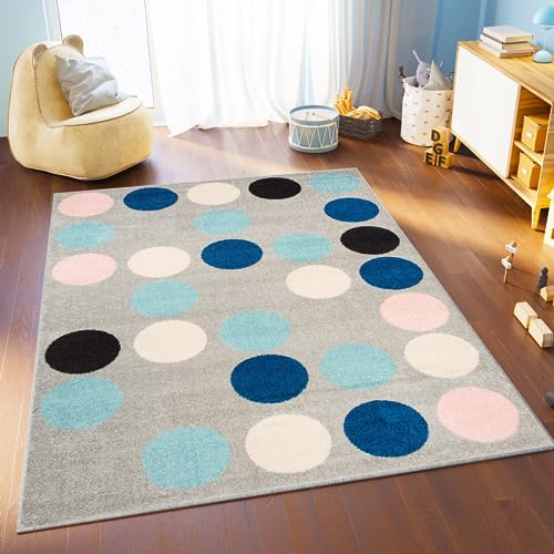 TAPISO Lazur Teppich Kinderteppich Kurzflor Punkte Kreise Grau Creme Schwarz Blau Rosa Jugendzimmer Kinderzimmer Modern Design ÖKOTEX 160 x 220 cm