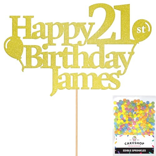 Personalised Happy Birthday Glitter Cake Topper Balloons - Champagne Any Name Age Glitter Cake Decoration and Sprinkles - Happy Birthday Decorations - Personalised Toppers for Cakes by Cakeshop