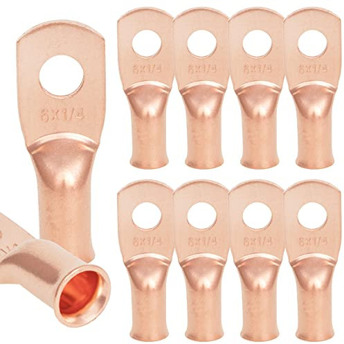 NEKIEX 10PCS 6AWG - 1/4''Stud Heavy Duty Copper Terminals,Battery Cable Crimp Lugs,Battery Cable Ends,Bare Copper Eyelets Tubular Ring Terminals,Closed End Crimp Electric Connectors (6AWG - 1/4''Stud)