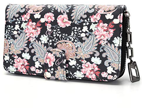 Geldbeutel Damen groß im Langformat, Geldbörse Damen mit Blumen und Blüten Muster im Mandala und Ethno Stil, Portemonnaie Damen mit Reißverschluss und Druckknopf und vielen Fächern (Floral Dreams).