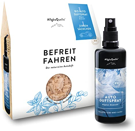 AllgäuQuelle® Bio Auto-Duft-Set BEFREIT Fahren | Lufterfrischer: Duftspray & Zirben-Säckchen als natürlicher Duftbaum | Auto-Erfrischer Spray | Auto-Zubehör Set für Auto Innenraum und Wohnmobil