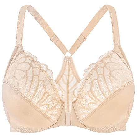 MELENECA Women's Front Fastening Racerback Plus Size Stretch Lace Underwire Unlined Bras Pale Nude 46D