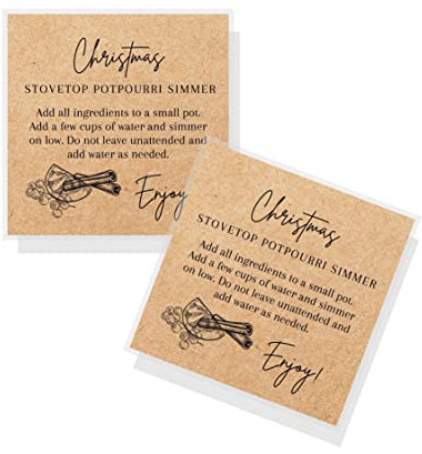 Christmas Stovetop Potpourri Simmer Instruction Cards | 30 Pack | 2.5 x 2.5 inches Square Card | Potpourri | Kraft Christmas Design