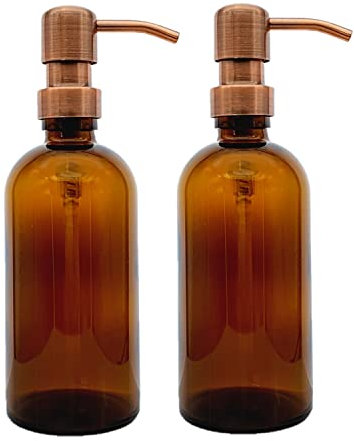 2 PCS Avalon Amber Glass Soap Dispenser Bottles 300ml with Metal Pumps (BPA-Free) Lotion Pump/Soap Dispensers – Reusable Refillable Eco friendly, Sustainable Living/Gift (Vintage Copper Style Pump)
