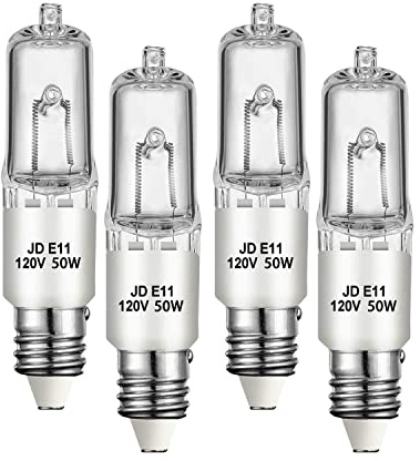 Jaenmsa 4 Pack JDE11 Bulb,120V 50W Halogen Mini Candelabra Bulbs,T4 JD E11 Bulb Dimmable 2700K Warm White(Replacement E11 LED Bulbs) for Chandeliers,Candelabra,Ceiling Fan,Table Lamps,Cabinet Lighting