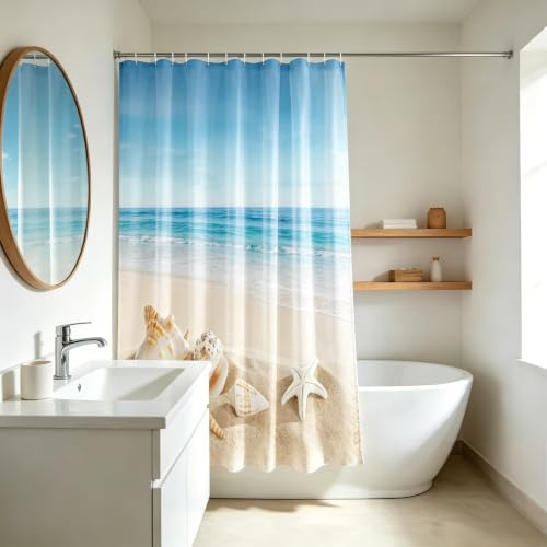 YISURE Duschvorhang badewanne Maritim Meer Strand Ozean für Badezimmer | Welle Seesterne Muscheln Badevorhang Textil Schimmelresistent waschbar mit 12 Metallösen, Breite 180 x Höhe 180cm