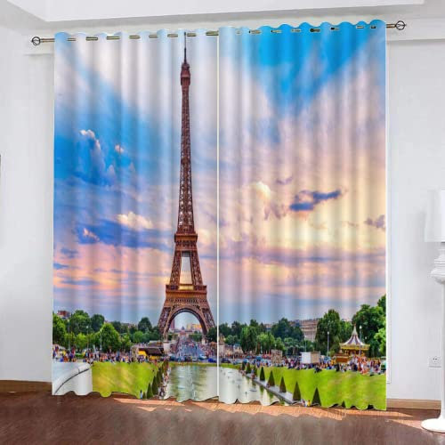 LUDSOL Hoch Aufragender Eisenturm Verdunkelung mit Ösen Vorhänge, Wolken des Blauen Himmels 3D Gedruckt gardinen 138×117 cm (H×B) Modern für Dekoration Kinderzimmer Wohnzimmer Schlafzimmer 2er-Set