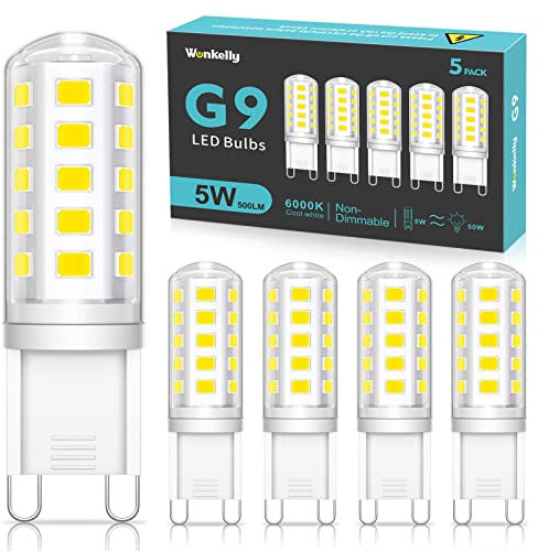 Wonkelly G9 LED Lampen Kaltweiss, 5W, 500LM, 6000K, Ersatz für 50W Halogenlampe, G9 LED Leuchtmittel, Nicht dimmbar, Kein Flimmern, 360° Abstrahlwinkel, AC 220-240V, Energiesparende Glühbirne-5 Stück