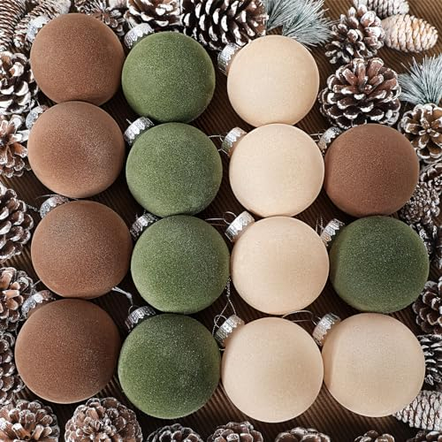 Liliful 15 Stück Samt-Weihnachtskugeln, beflockt, Weihnachtsbaumkugeln, Ornamente, Kunststoffkugeln, Weihnachten, dekorative Hängeornamente, Weihnachtsbaumschmuck (Braun, Grün, Beige, 8,9 cm)