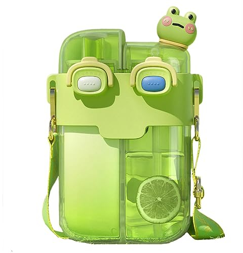 KALWEL,Kawaii Water Bottle,Green/Pink Water Bottle,Waterbottle,Water Bottles For Girls,Water Bottles With Strap,Water Bottle With Straw Lid,Double Compartment Mug,Straight & Straw,For Water,Lemonade