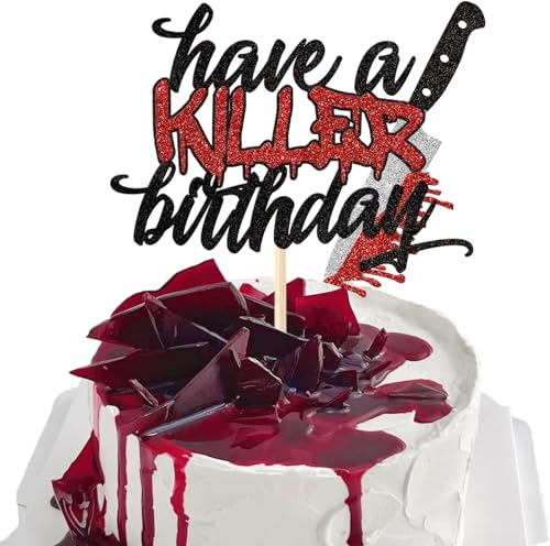 1 Stück Have a Killer Birthday Tortendeko Glitzer Horror Klassiker Halloween Kuchen Deko für Blutigen Horror Thema Geburtstag Cake Topper Halloween Party Kuchen Dekorationen Schwarz Rot