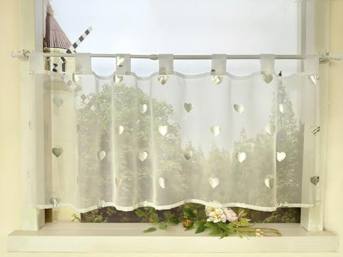Devola Gardinen mit Glanzdruck Scheibengardine mit Schlaufen Weiß Bistrogardine Transparent Kurzgardine Kinderzimmer Kleinfenster Gardinen Modern HxB 60x90cm Herzmuster 1 Stück